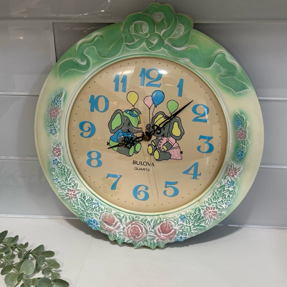 Vintage Rare Bulova Clock Elephants Blue Pink Kids Clock Elephants With Balloons